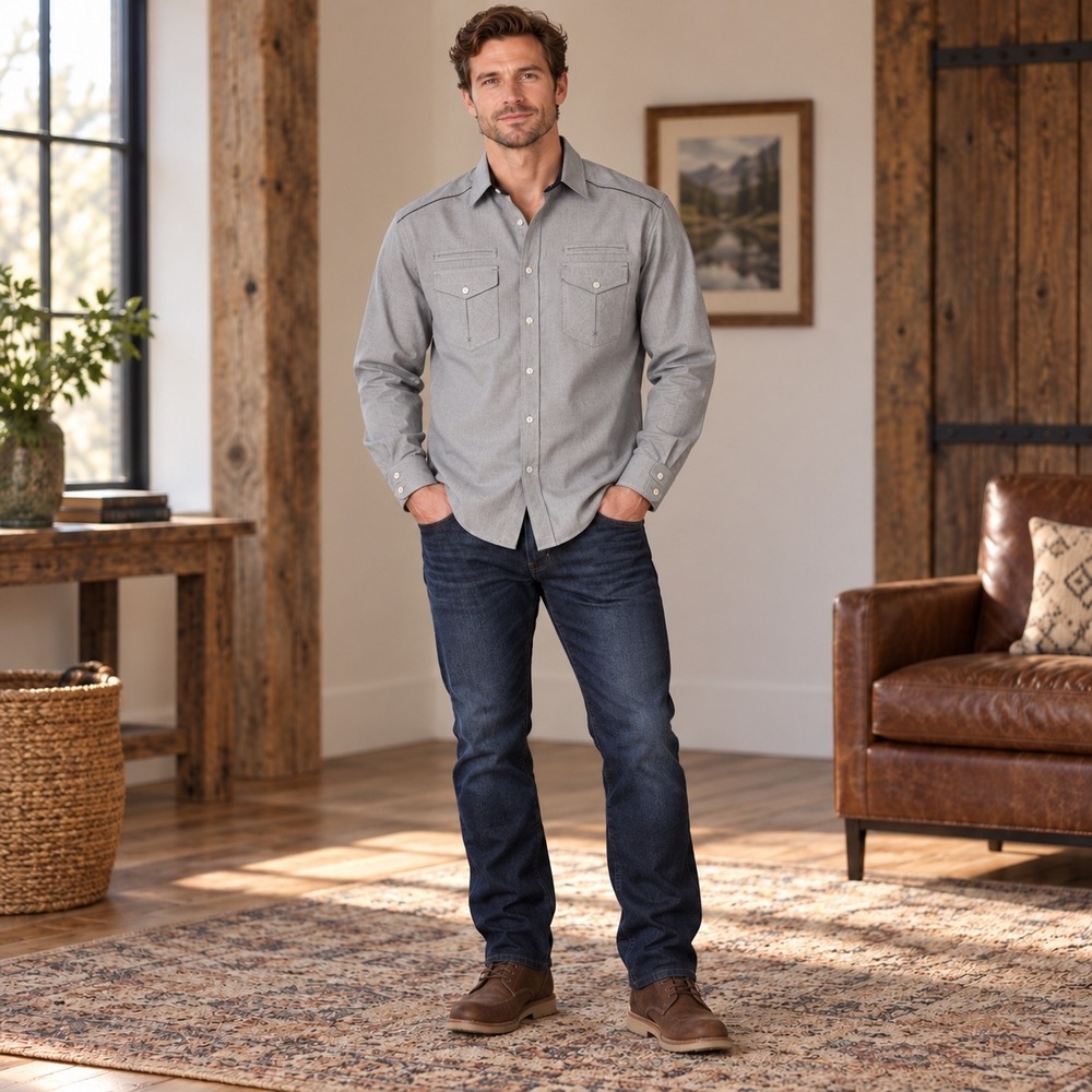 FLTR Mens Grey Cotton Button Down Shirt Long Sleeve Chest Pockets Large